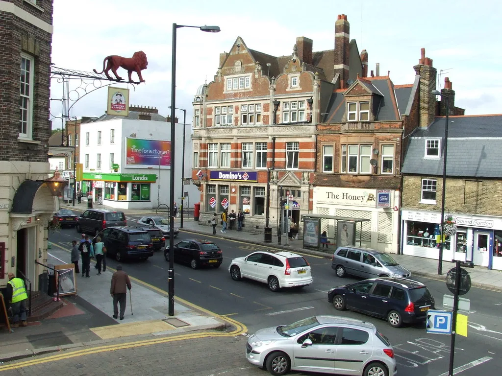 High Street, Barnet, with the Red Lion's lion sign on the left