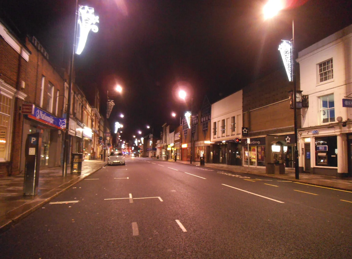 Christmas lights on Barnet High Street, home of the Christmas Fayre.