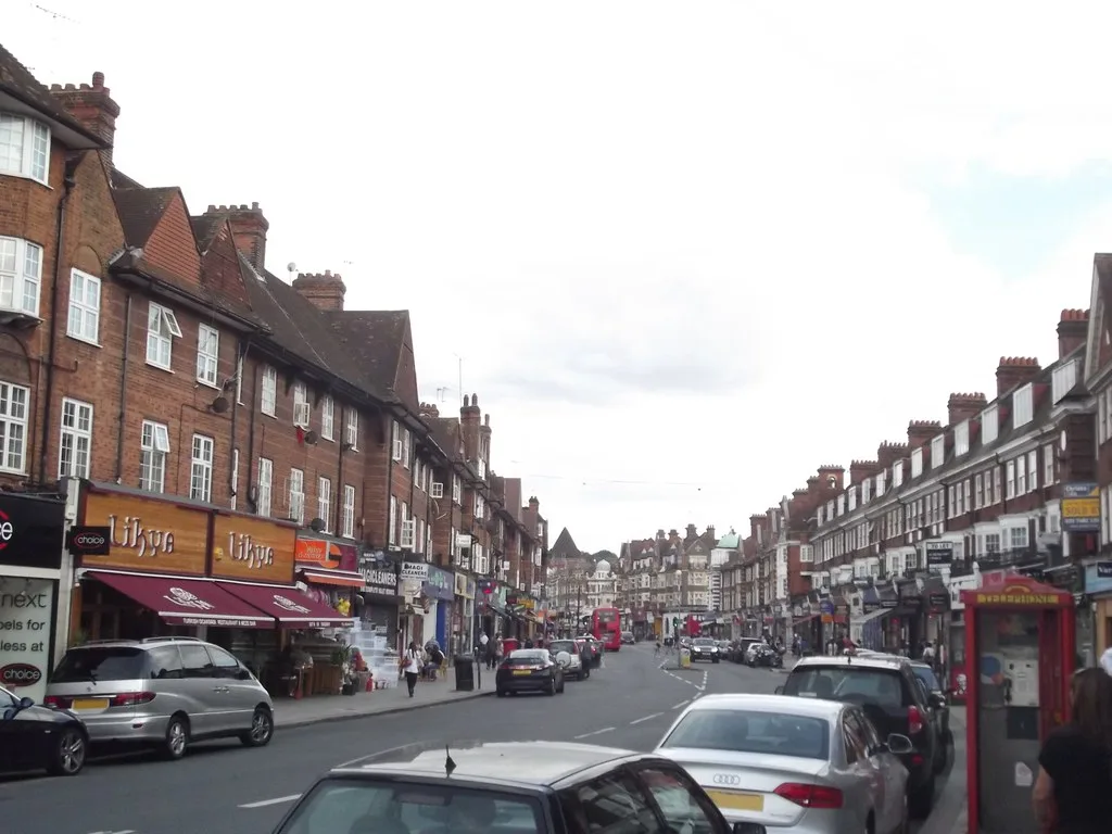 Golders Green Road in the town centre. The application site is round the corner on Finchley Road, at the junction with Rodborough Road
